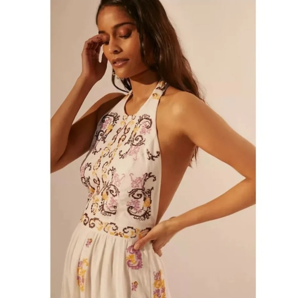 NWT Anthropologie Embroidered Halter Maxi Dress Size 12 In Ivory - Picture 4 of 14